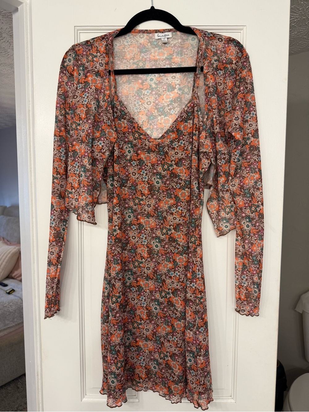 Y2K 90s Festival love, Fire Orange Floral V-Neck Mini Dress Sheer cardi small